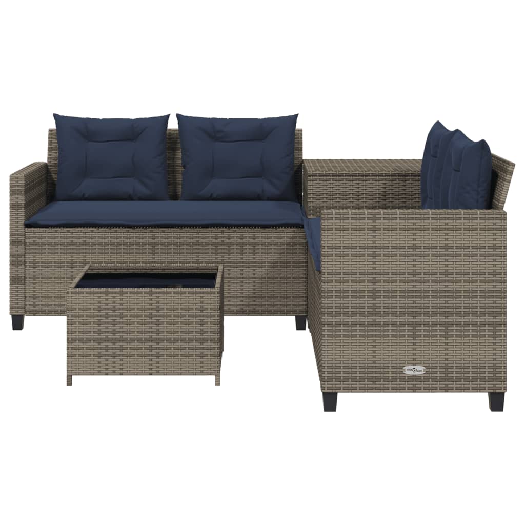 havesofa med bord og hynder L-formet grå polyrattan
