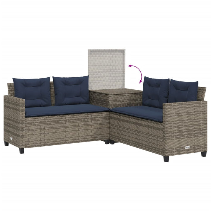 havesofa med bord og hynder L-formet grå polyrattan