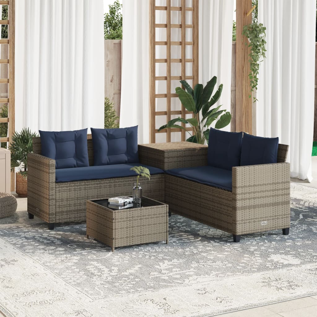 havesofa med bord og hynder L-formet grå polyrattan