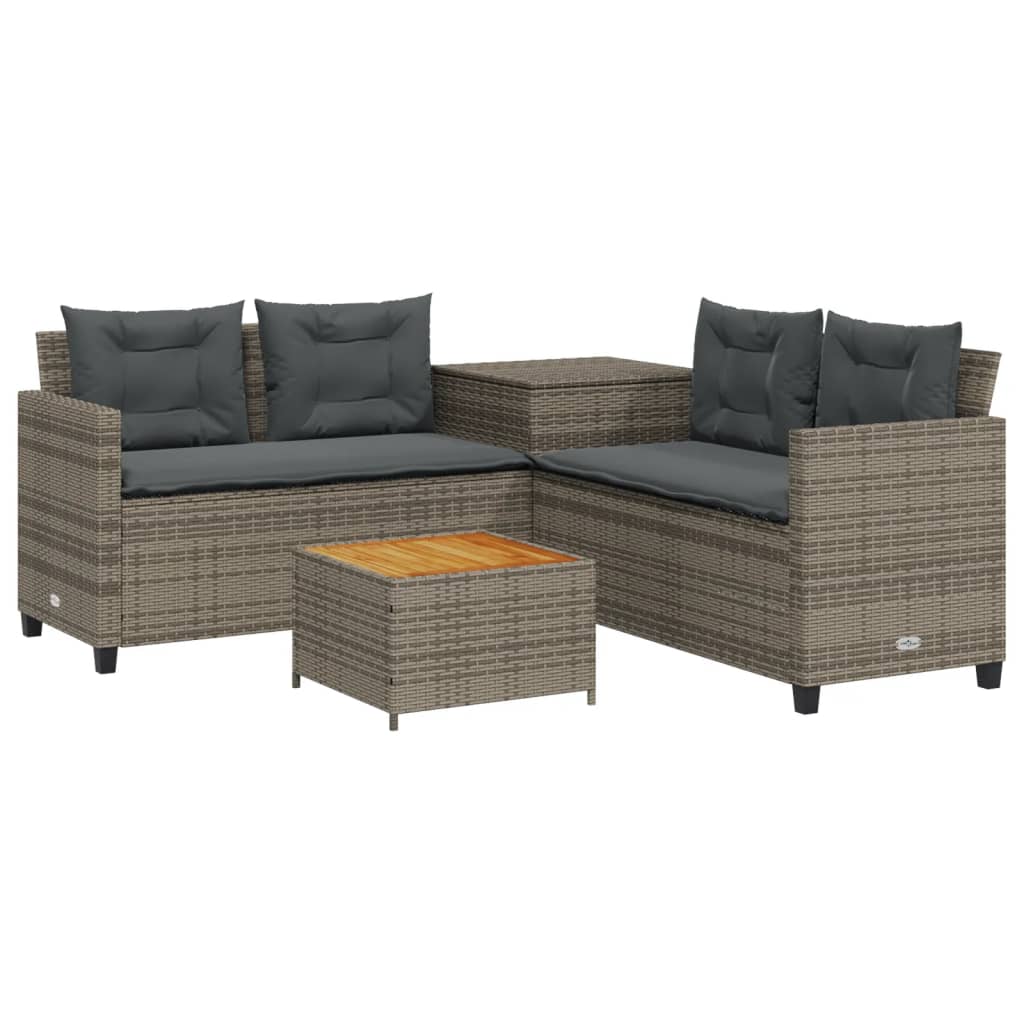 havesofa med bord og hynder L-formet polyrattan grå