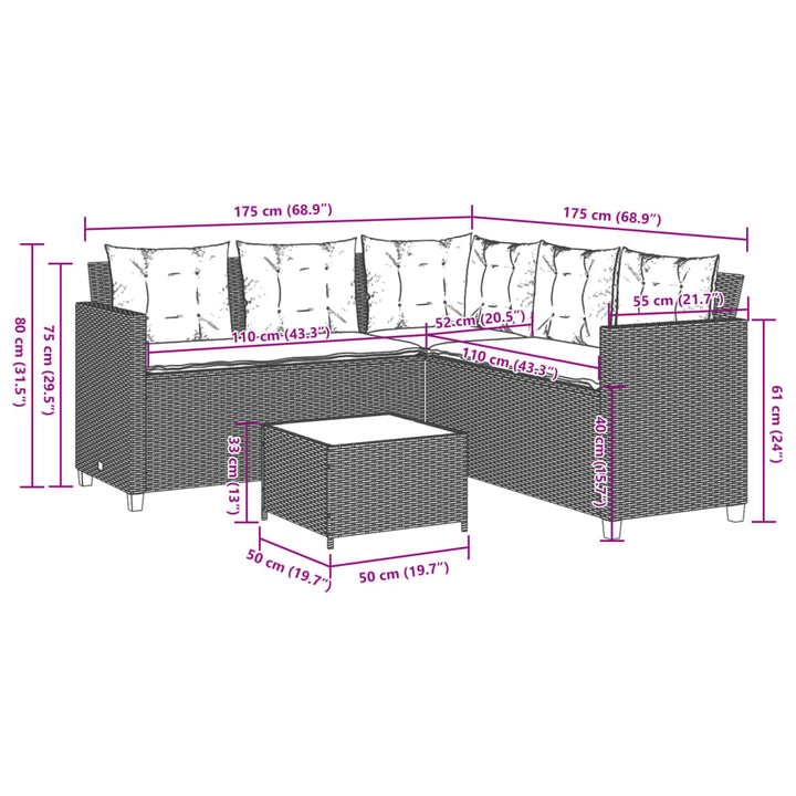 havesofa med bord og hynder L-formet polyrattan sort