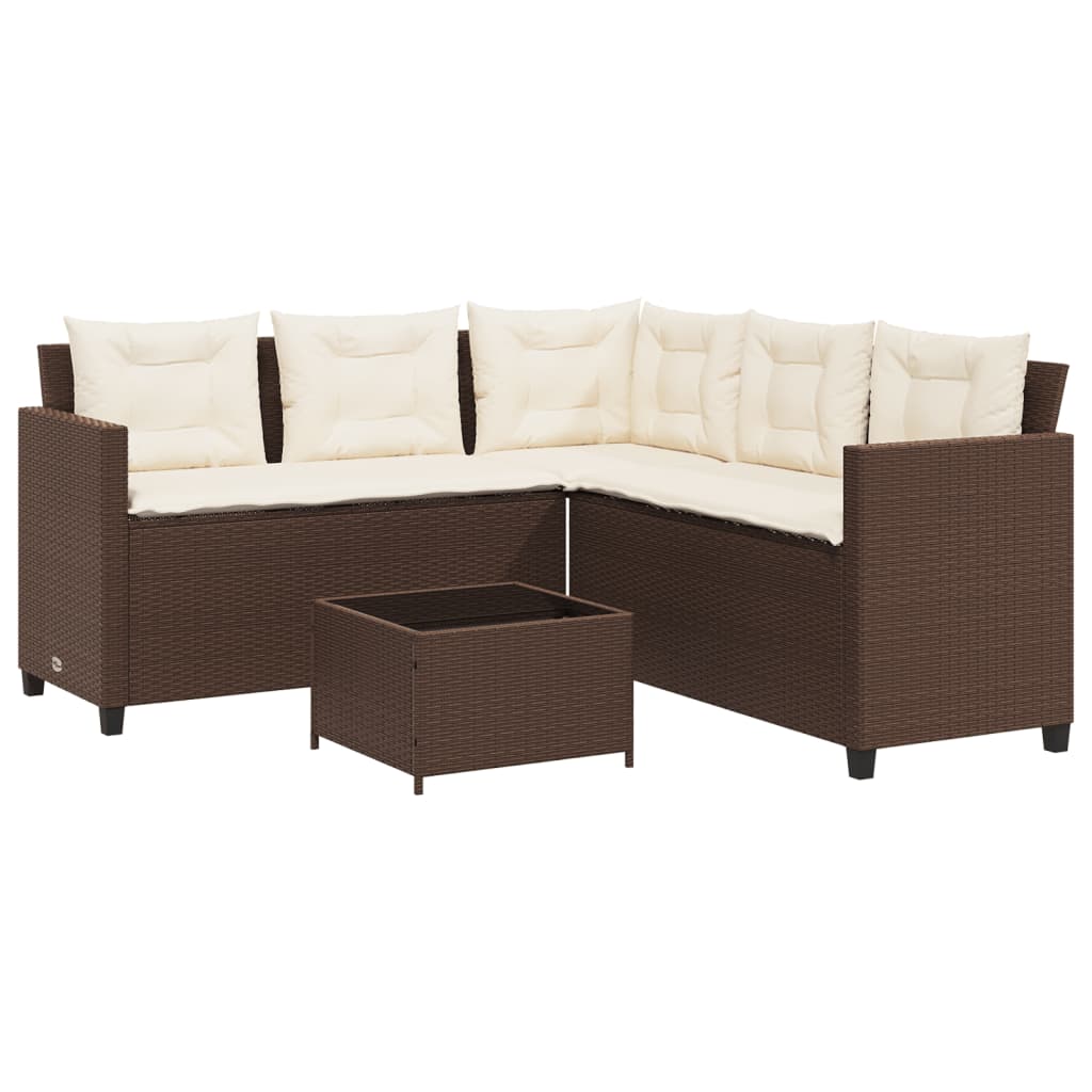 havesofa med bord og hynder L-formet polyrattan brun