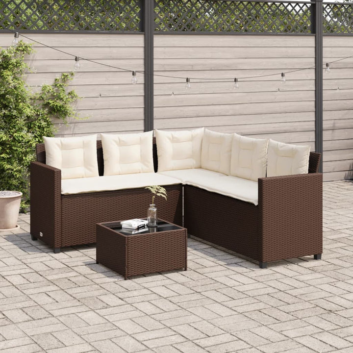 havesofa med bord og hynder L-formet polyrattan brun