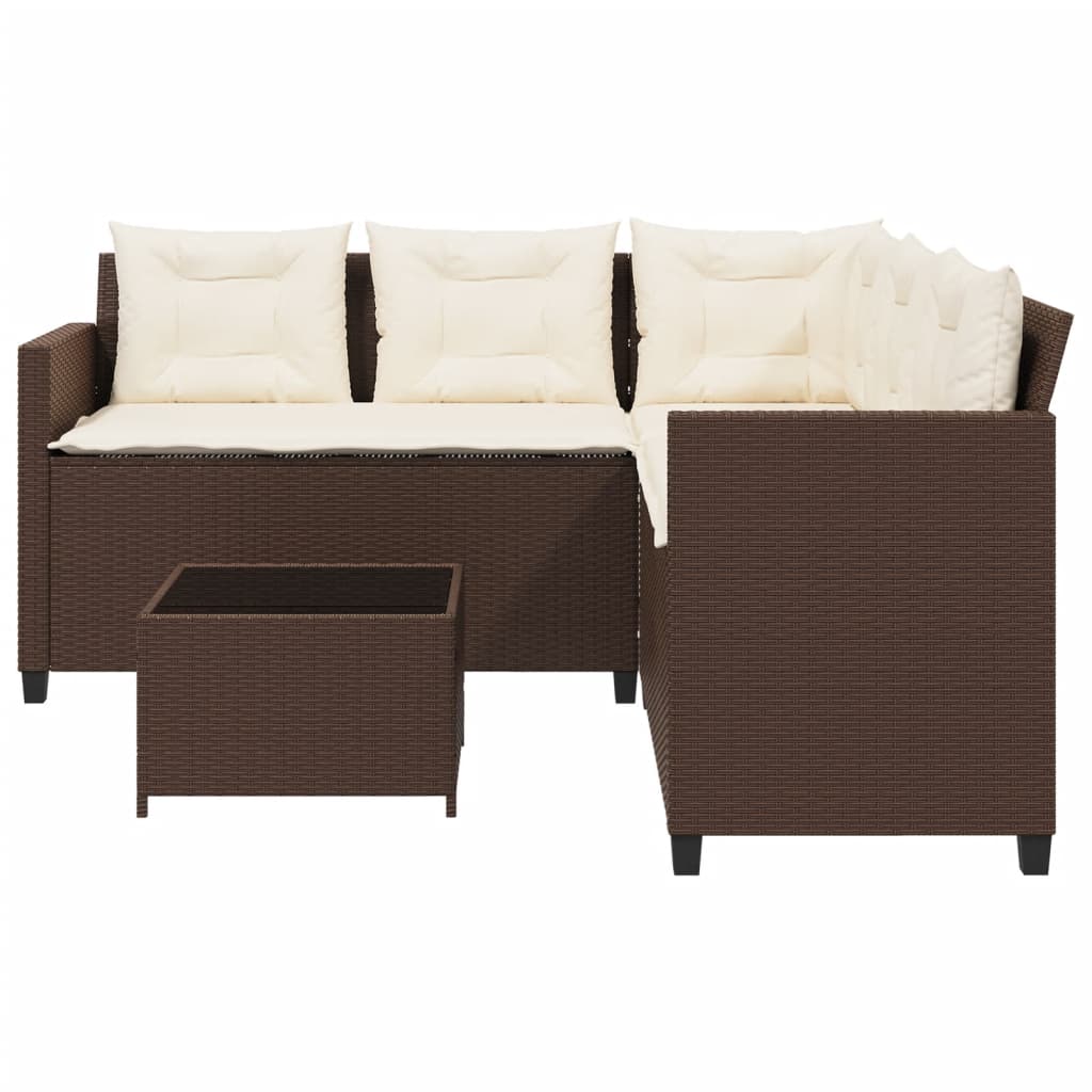 havesofa med bord og hynder L-formet polyrattan brun
