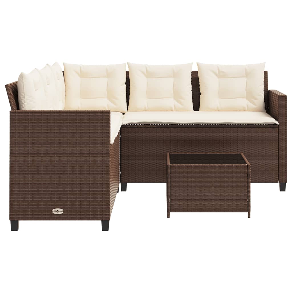 havesofa med bord og hynder L-formet polyrattan brun