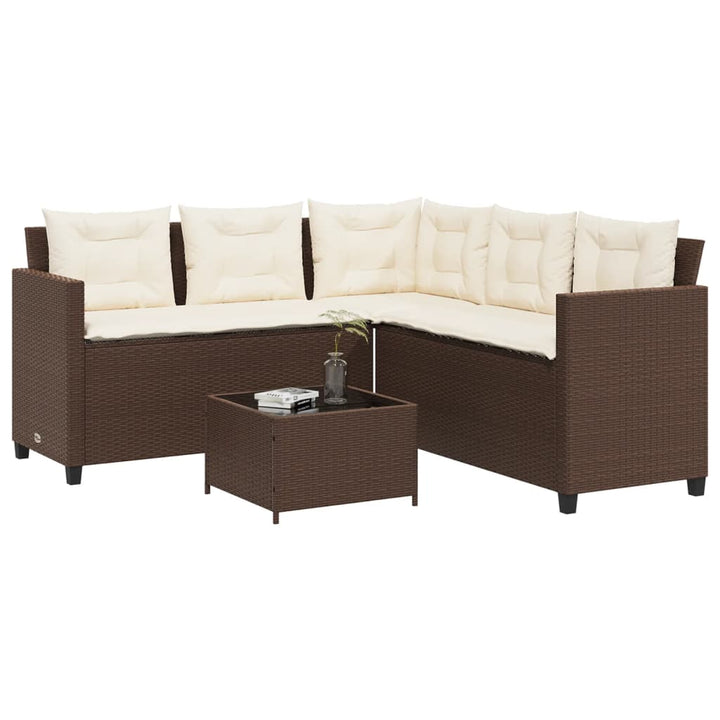 havesofa med bord og hynder L-formet polyrattan brun
