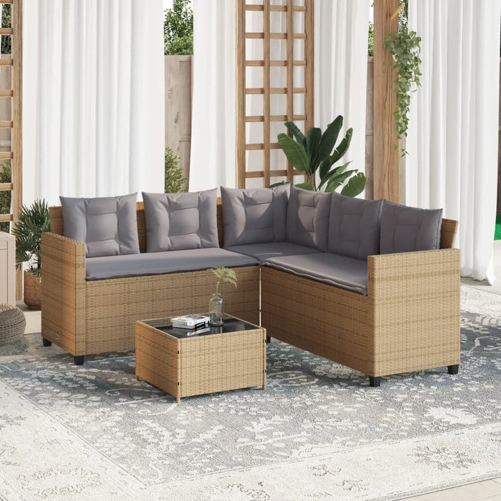 havesofa med bord og hynder L-formet polyrattan beige