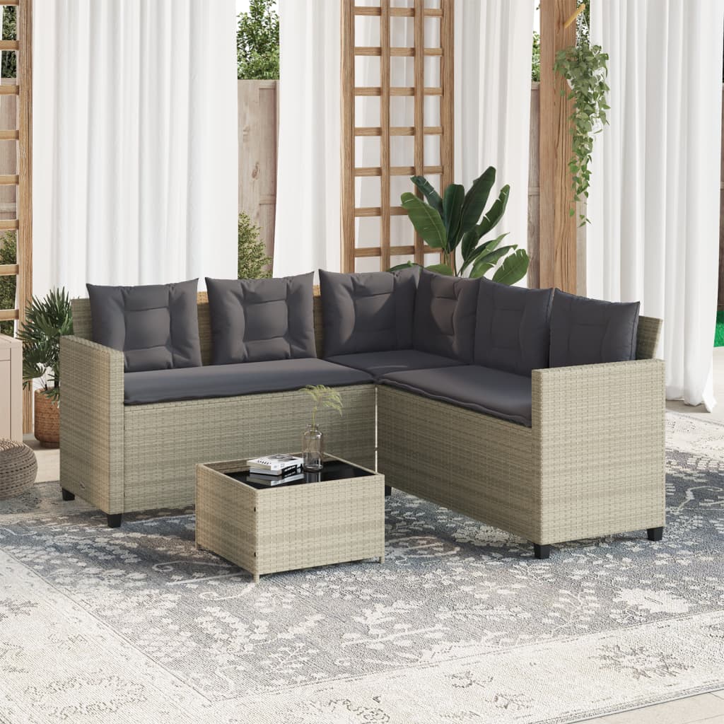 havesofa med bord og hynder L-formet polyrattan lysegrå