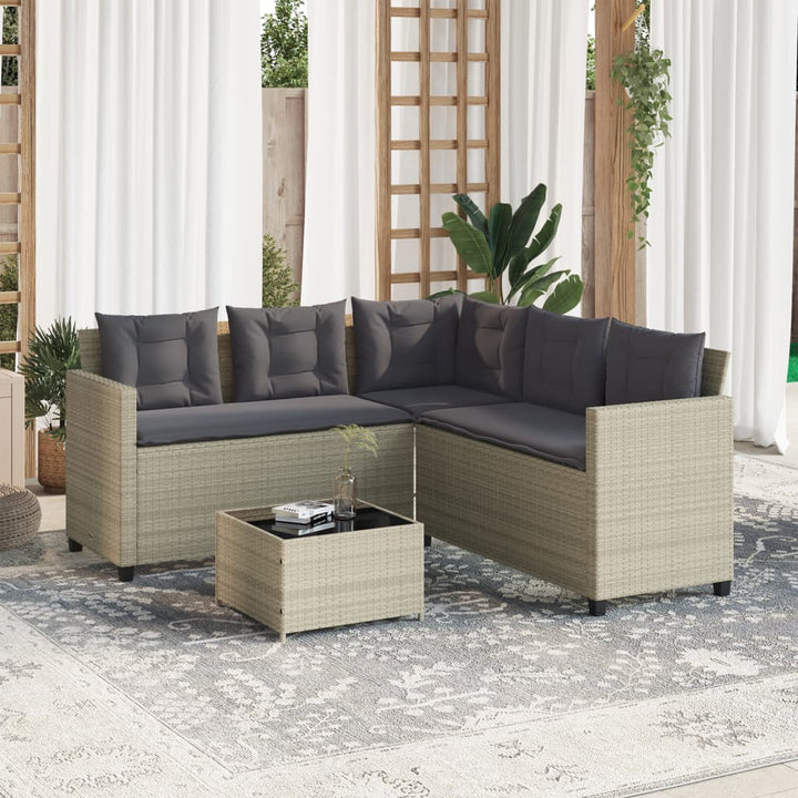 havesofa med bord og hynder L-formet polyrattan lysegrå