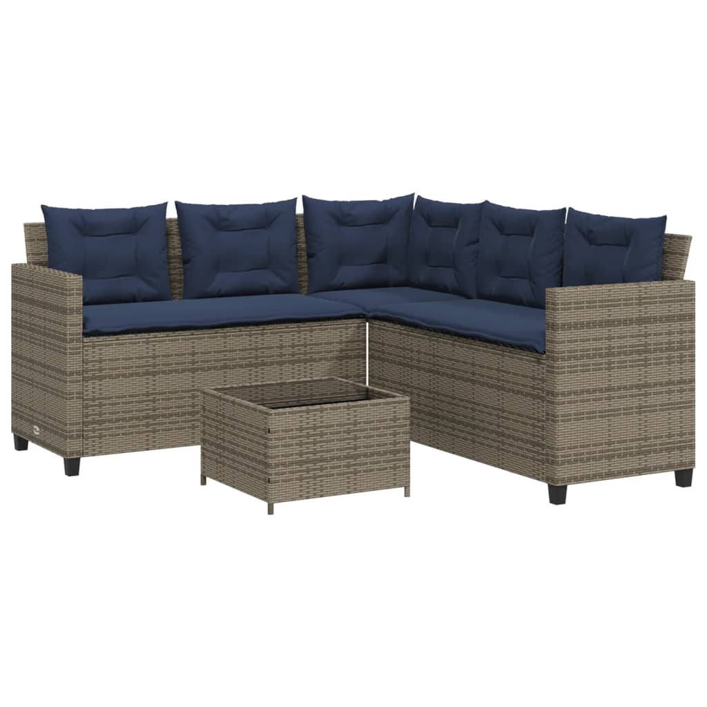 havesofa med bord og hynder L-formet grå polyrattan
