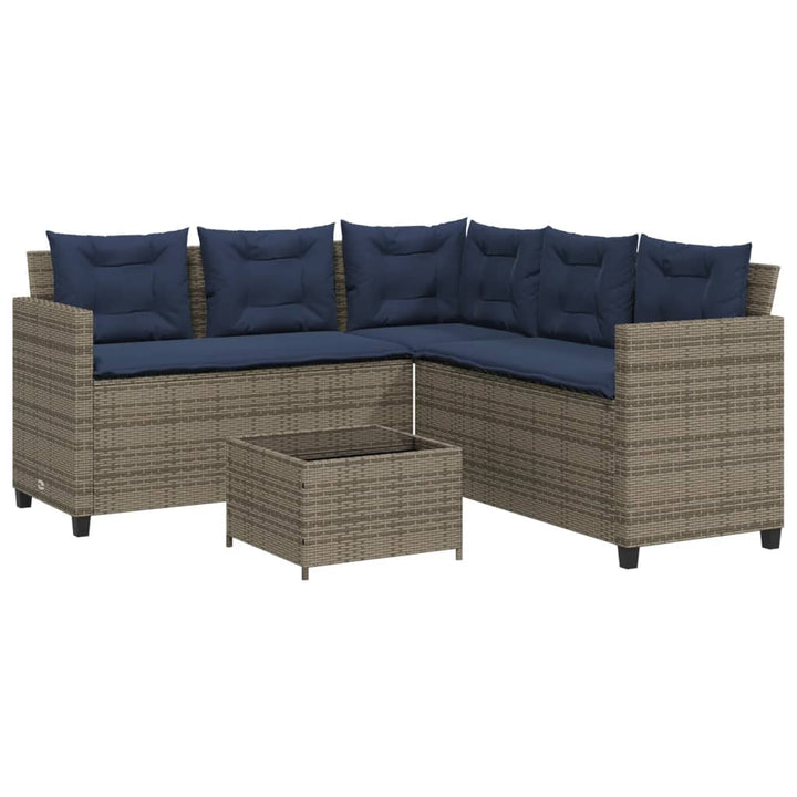 havesofa med bord og hynder L-formet grå polyrattan