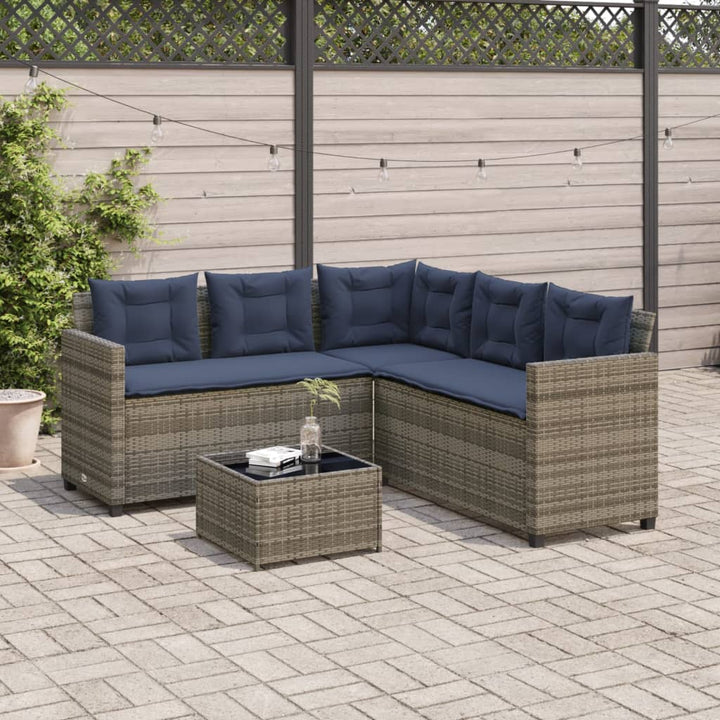 havesofa med bord og hynder L-formet grå polyrattan