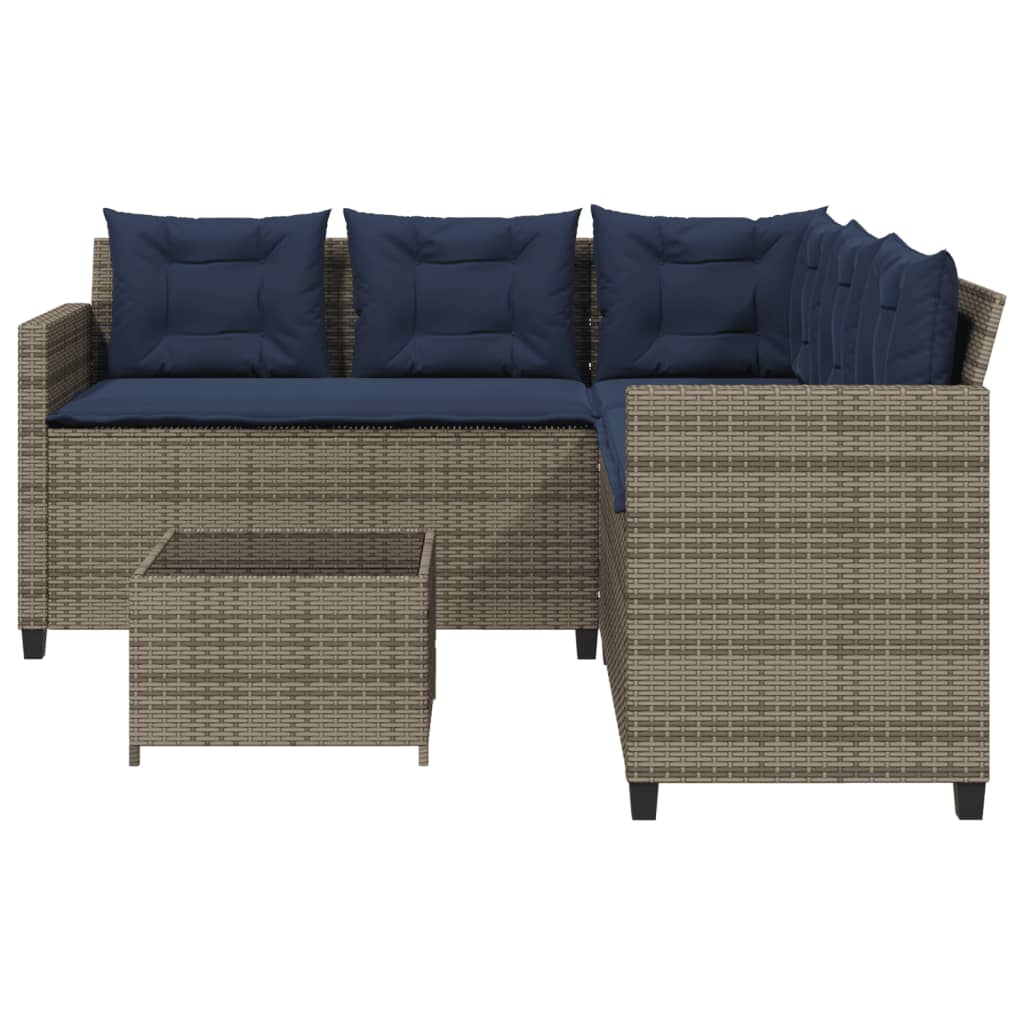 havesofa med bord og hynder L-formet grå polyrattan