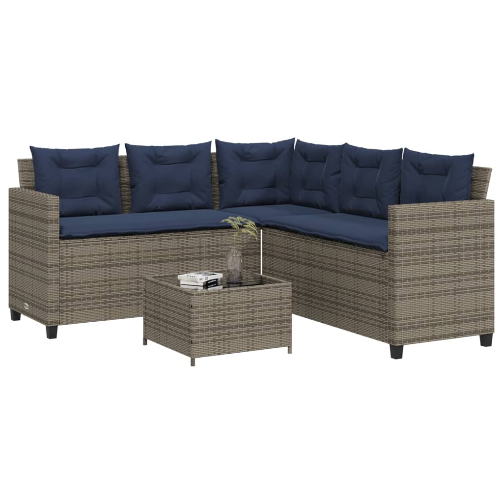 havesofa med bord og hynder L-formet grå polyrattan