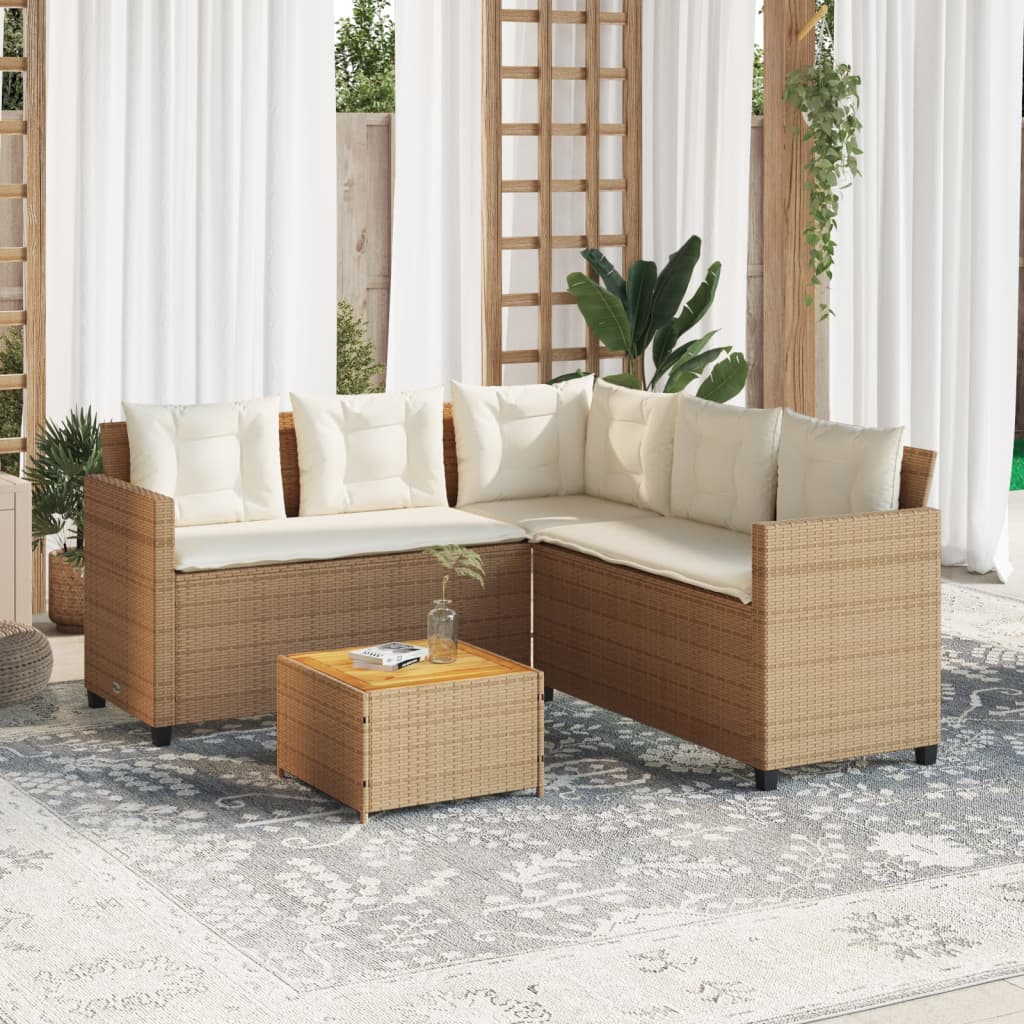 havesofa med bord og hynder L-formet polyrattan beige