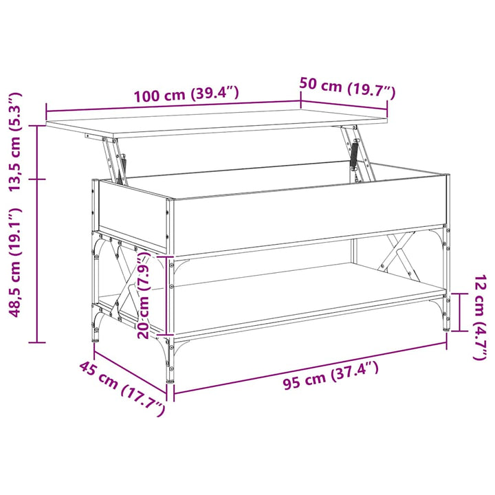 sofabord 100x50x50 cm konstrueret træ og metal røget eg