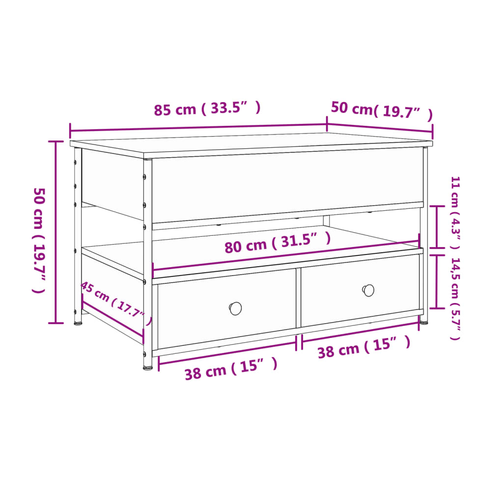 sofabord 85x50x50 cm konstrueret træ og metal brunt eg