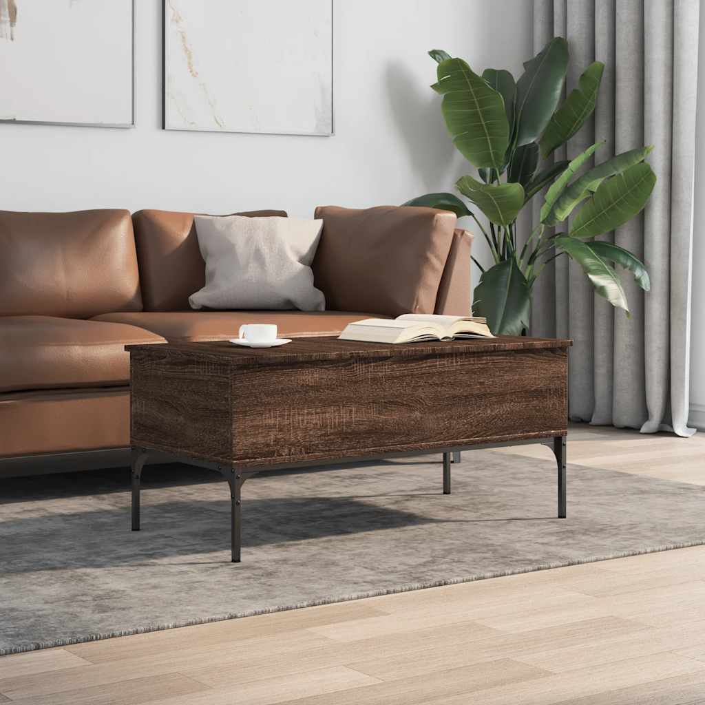 sofabord 100x50x45 cm konstrueret træ og metal brunt egetræ