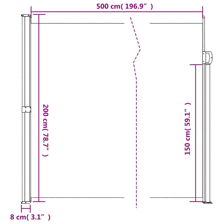 sidemarkise 200x500 cm sammenrullelig cremefarvet