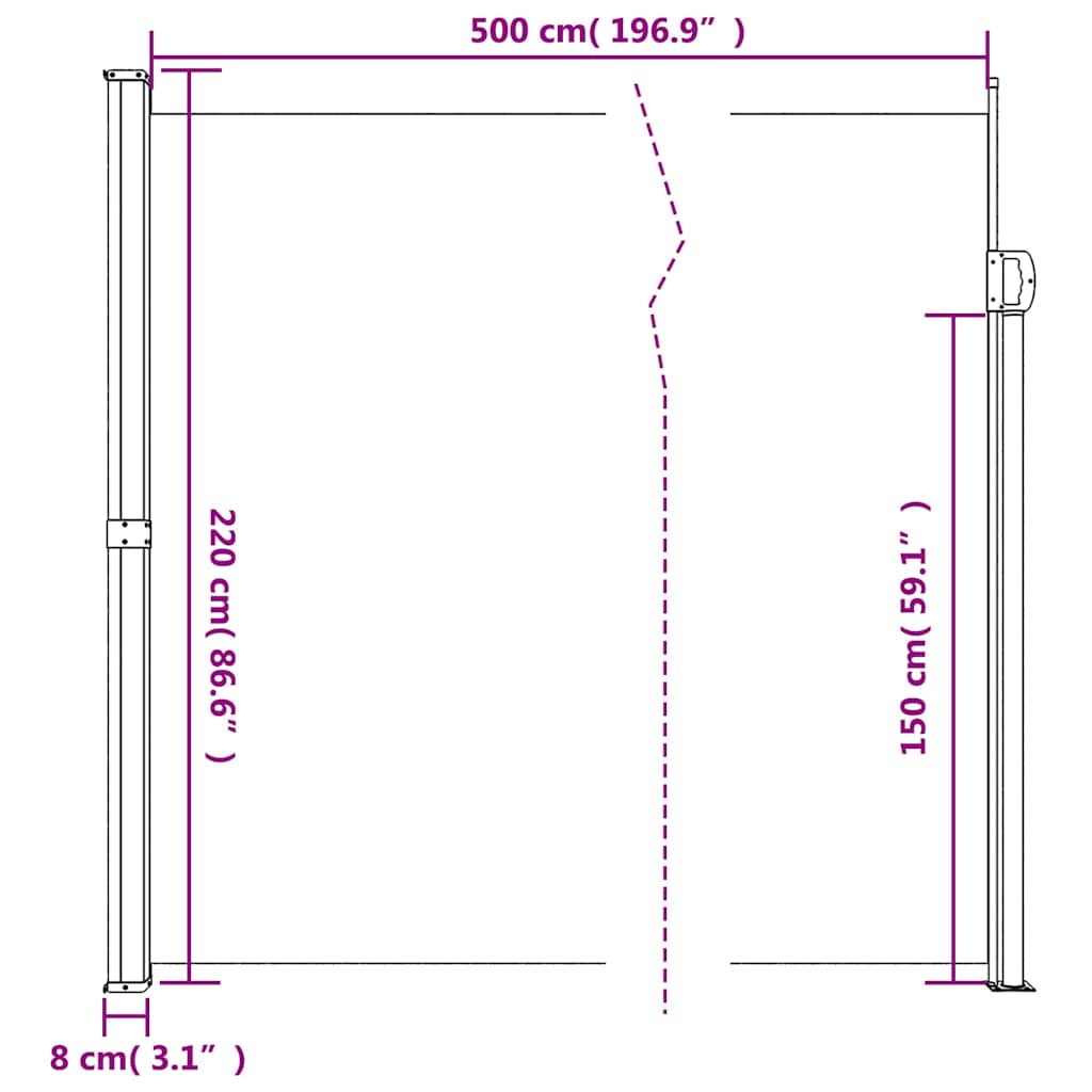 sidemarkise 220x500 cm sammenrullelig cremefarvet