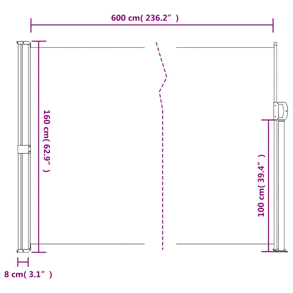 sammenrullelig sidemarkise 160 x 600 cm sort