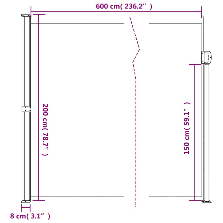 sammenrullelig sidemarkise 200x600 cm hvid