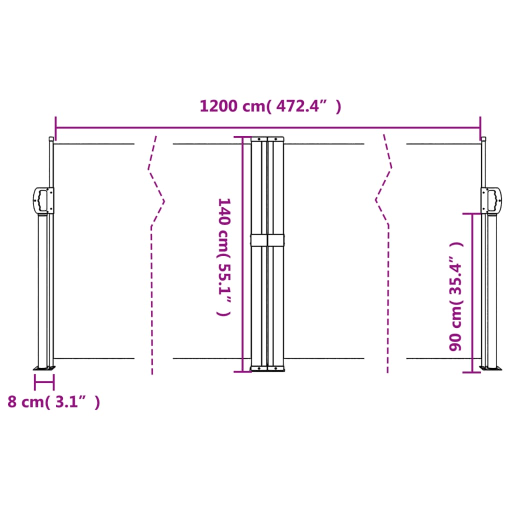 sidemarkise 140x1200 cm sammenrullelig hvid