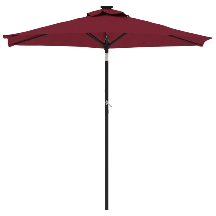 parasol med LED-lys og stålstang 225x225x212 cm bordeauxfarvet