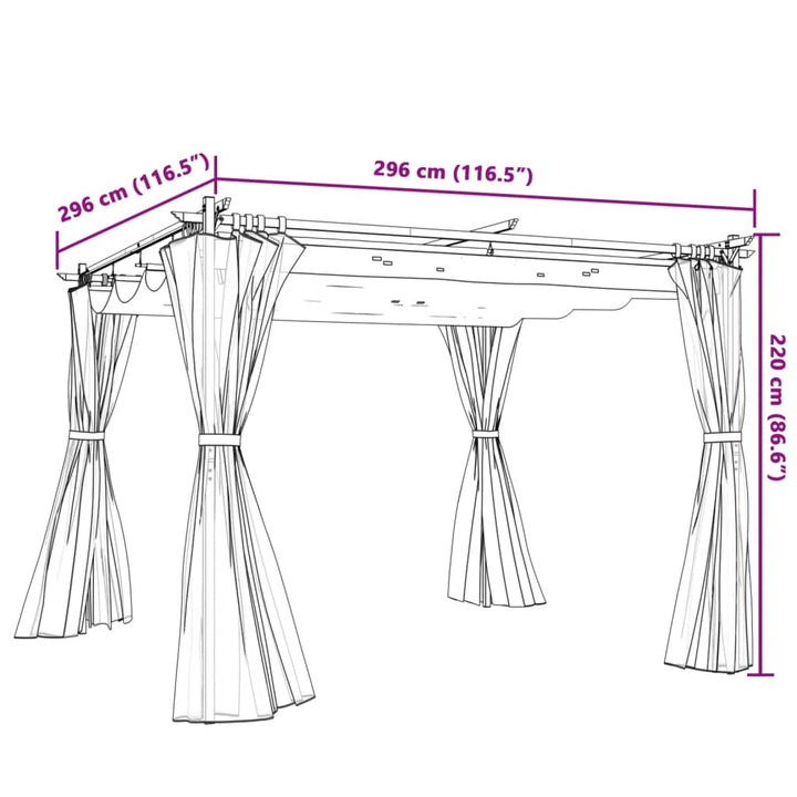 pavillon 3x3 m med gardiner stål antracitgrå
