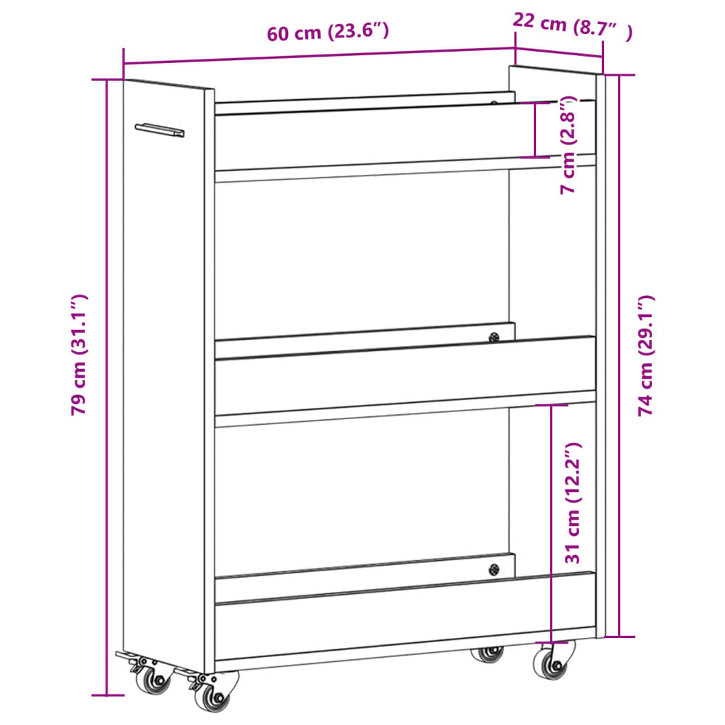 skab med hjul 60x22x79 cm konstrueret træ betongrå
