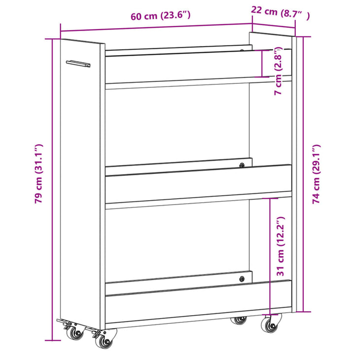 skab med hjul 60x22x79 cm konstrueret træ betongrå