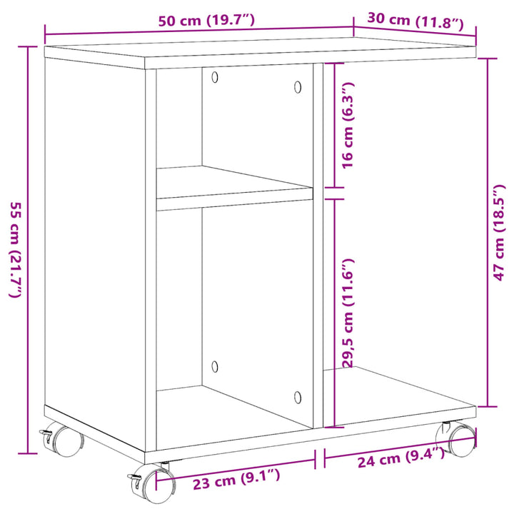 sidebord med hjul 50x30x55 cm konstrueret træ sonoma-eg