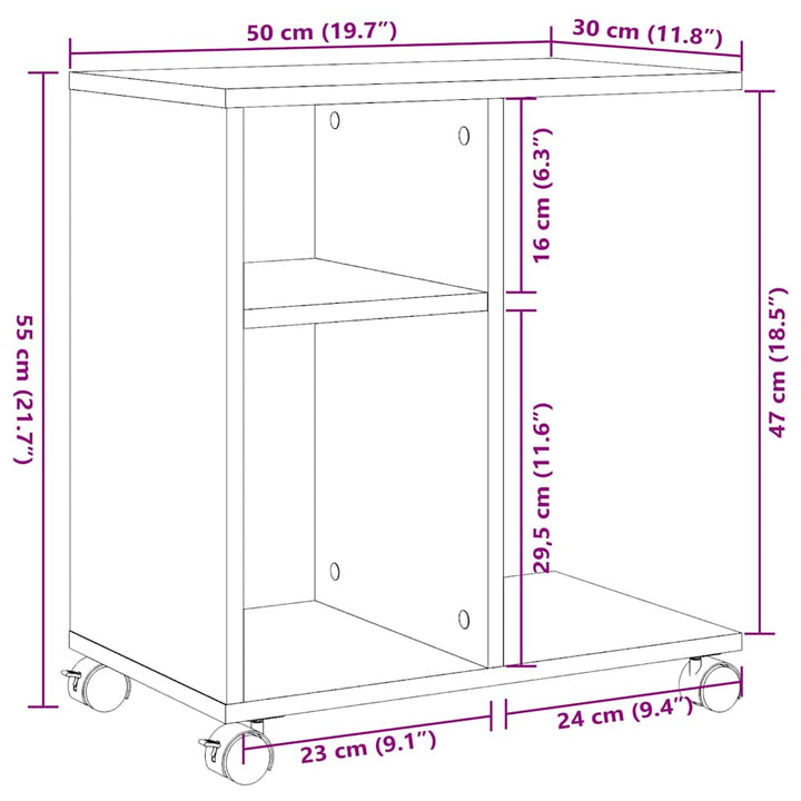 sidebord med hjul 50x30x55 cm konstrueret træ grå sonoma-eg
