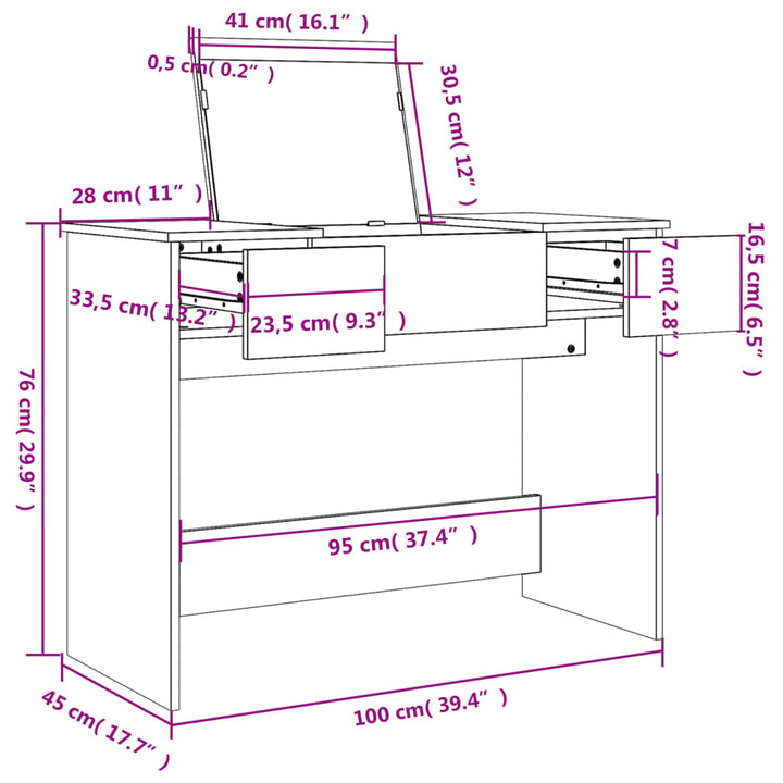 makeupbord med spejl 100x45x76 cm sort