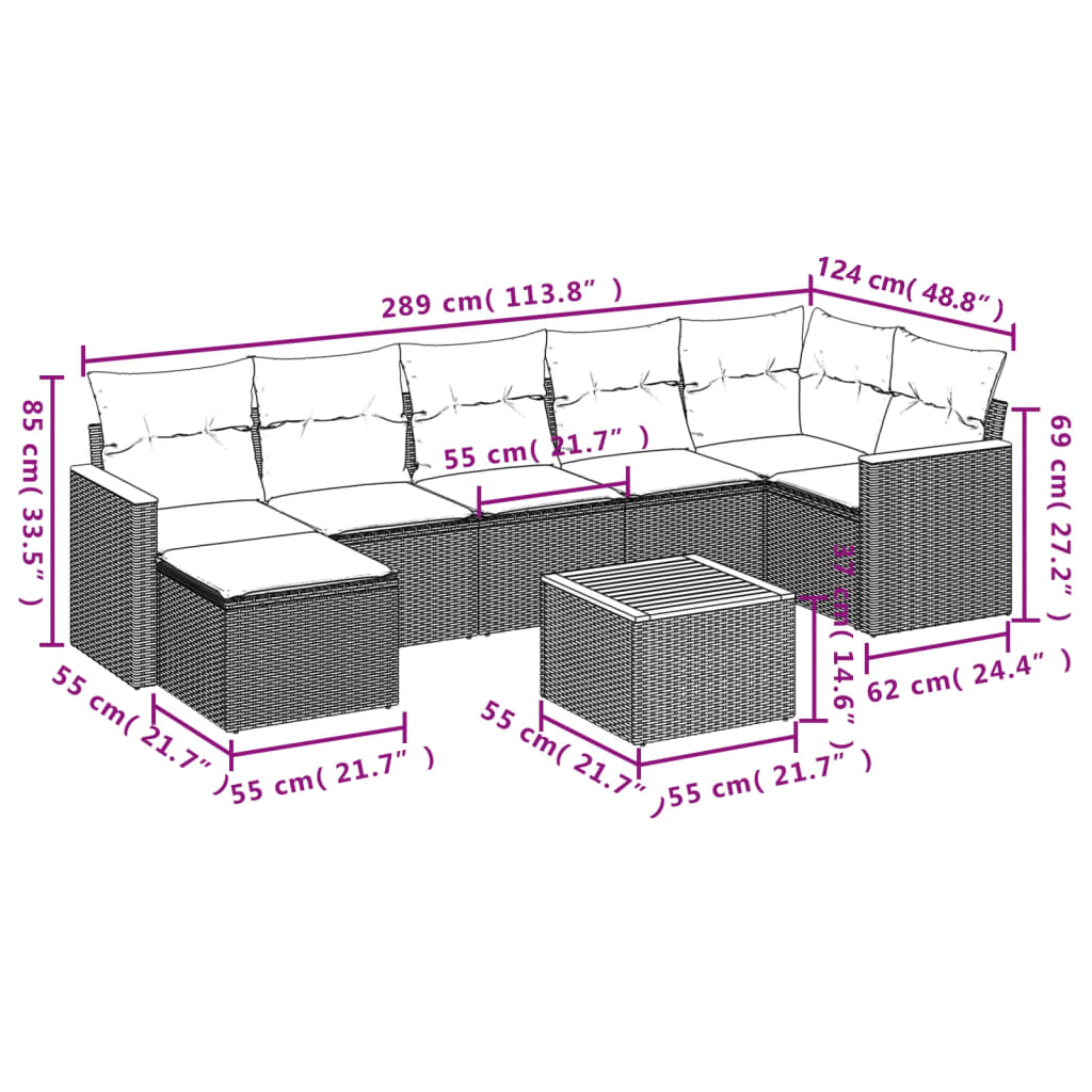 havesofasæt 8 dele med hynder polyrattan beige