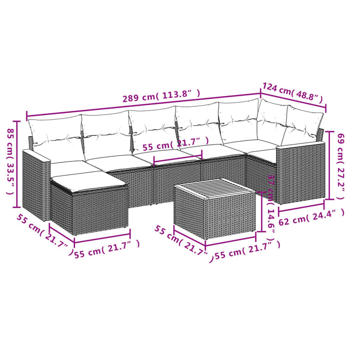 havesofasæt med 8 hynder grå polyrattan