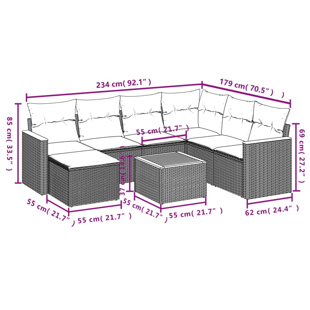 havesofasæt 8 dele med hynder polyrattan beige