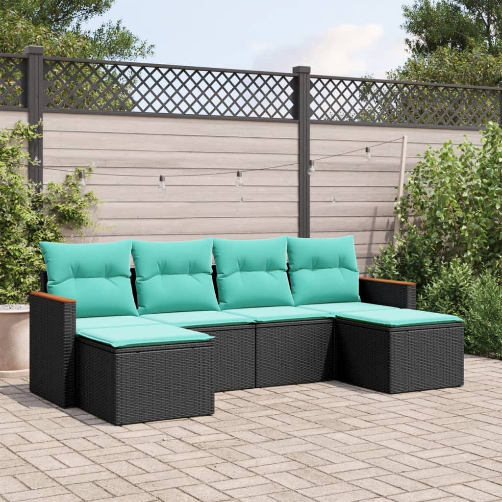 havesofasæt med 6 hynder sort polyrattan