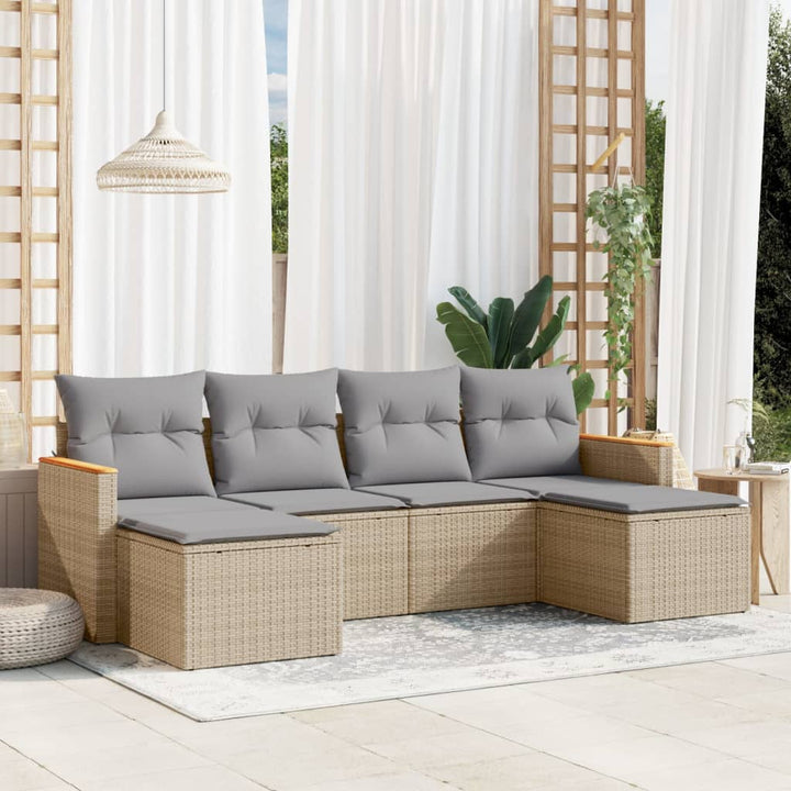 havesofasæt 6 dele med hynder polyrattan beige