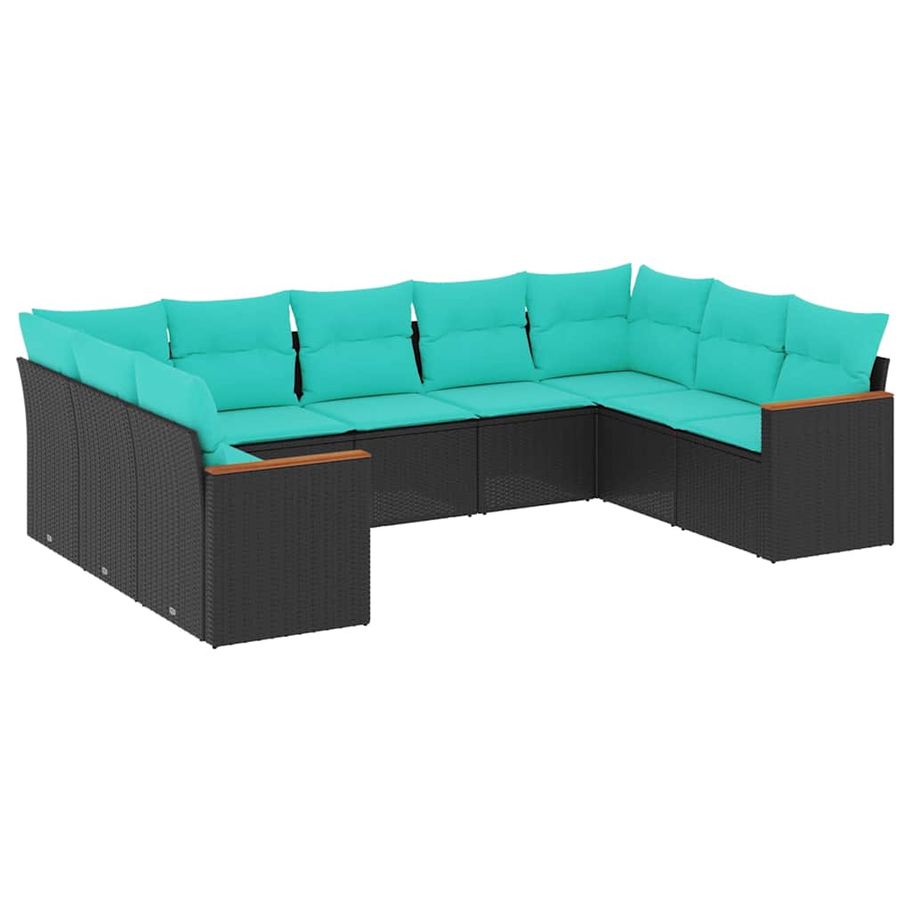 havesofasæt med 9 dele og hynder sort polyrattan