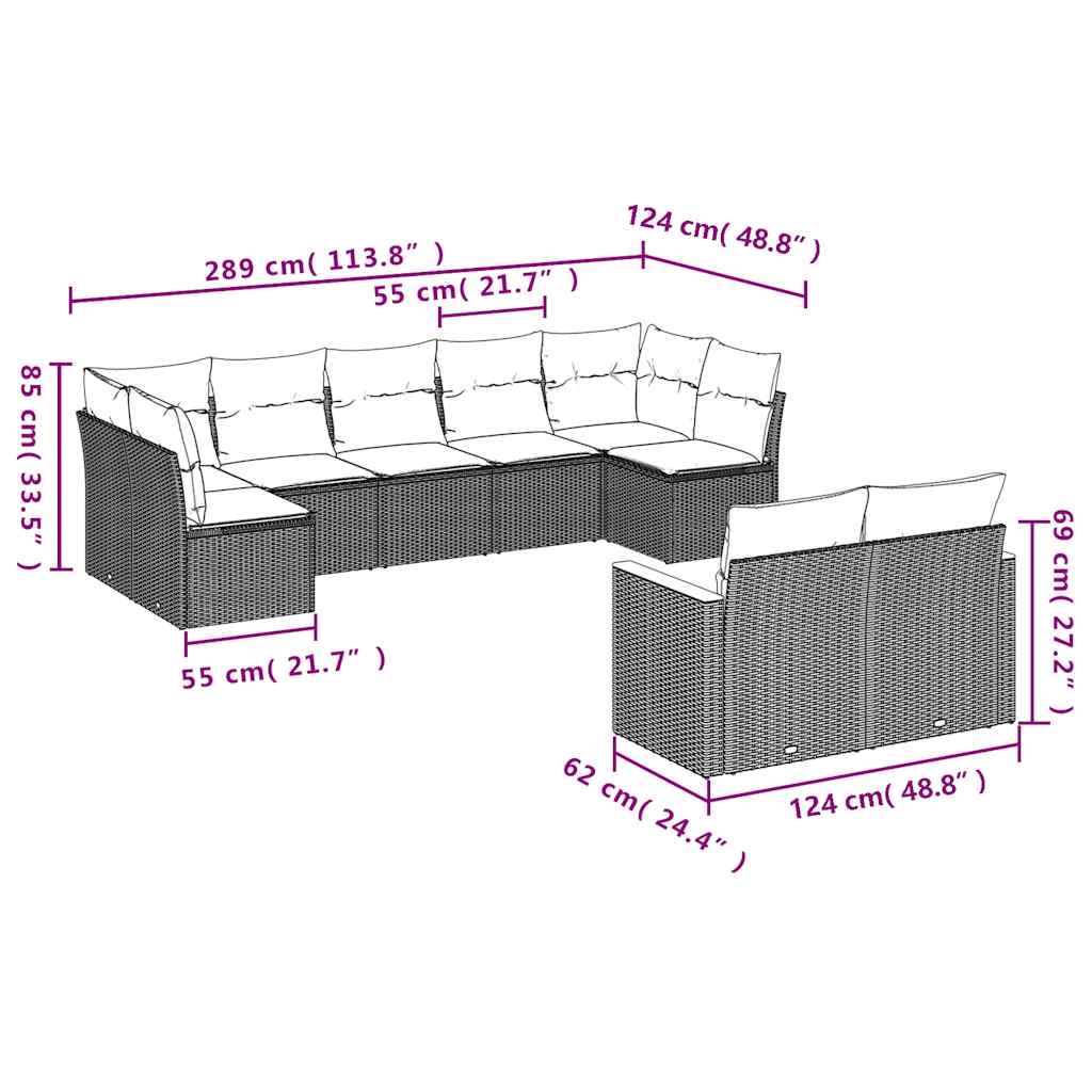havesofasæt med 9 dele og hynder sort polyrattan