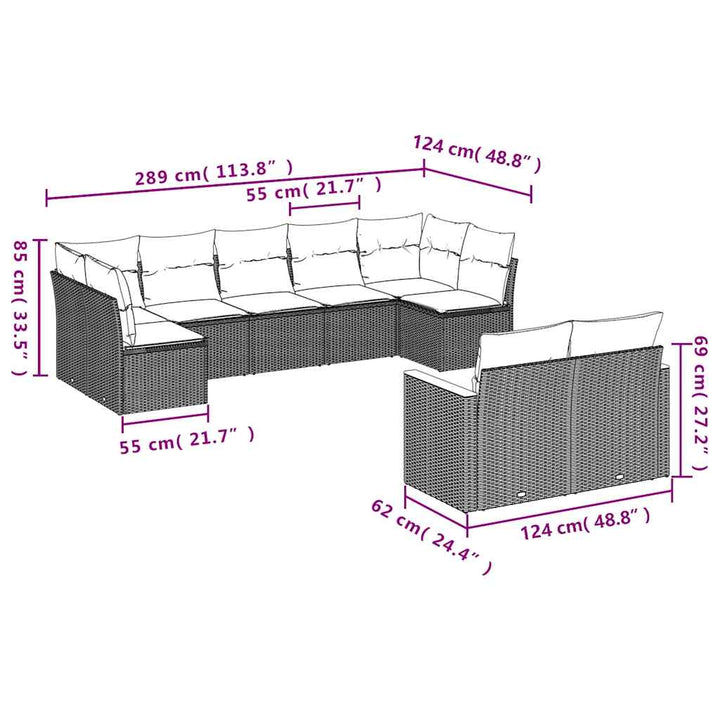 havesofasæt med 9 dele og hynder sort polyrattan