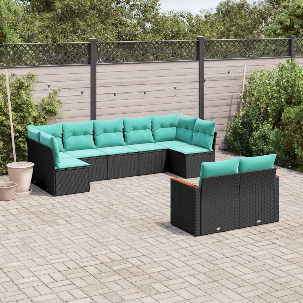 havesofasæt med 9 dele og hynder sort polyrattan