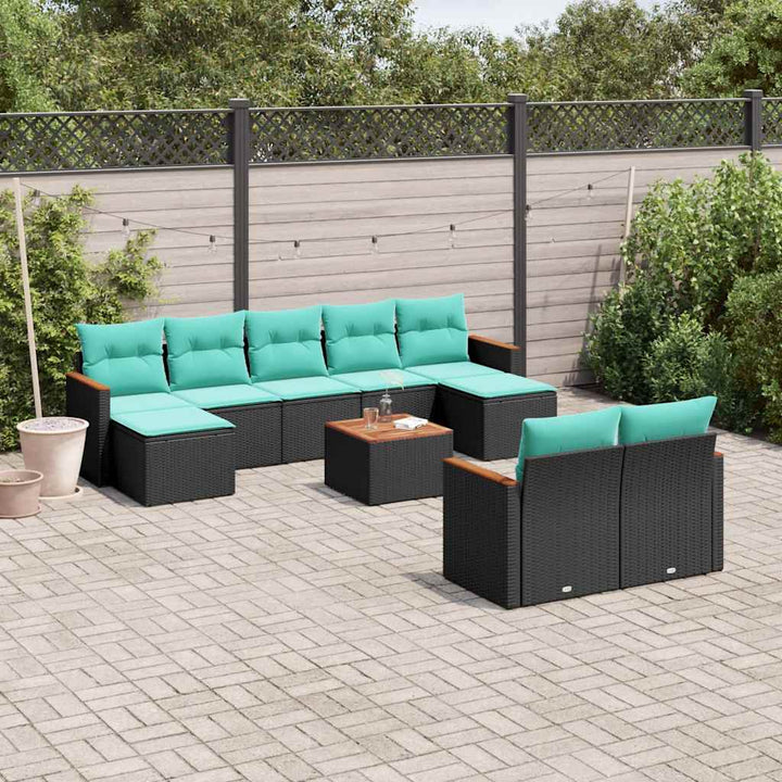 havesofasæt med 10 hynder sort polyrattan