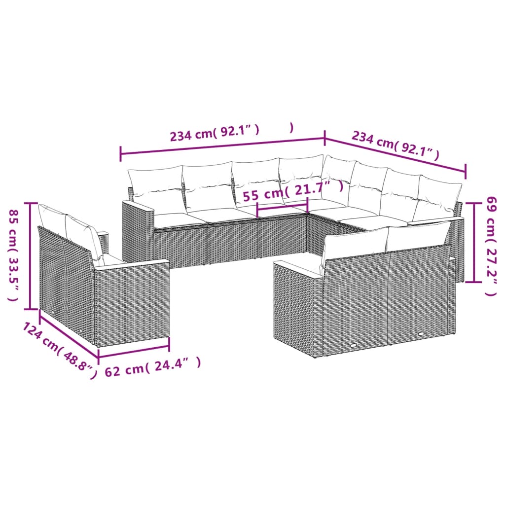 havesofasæt 11 dele med hynder polyrattan beige