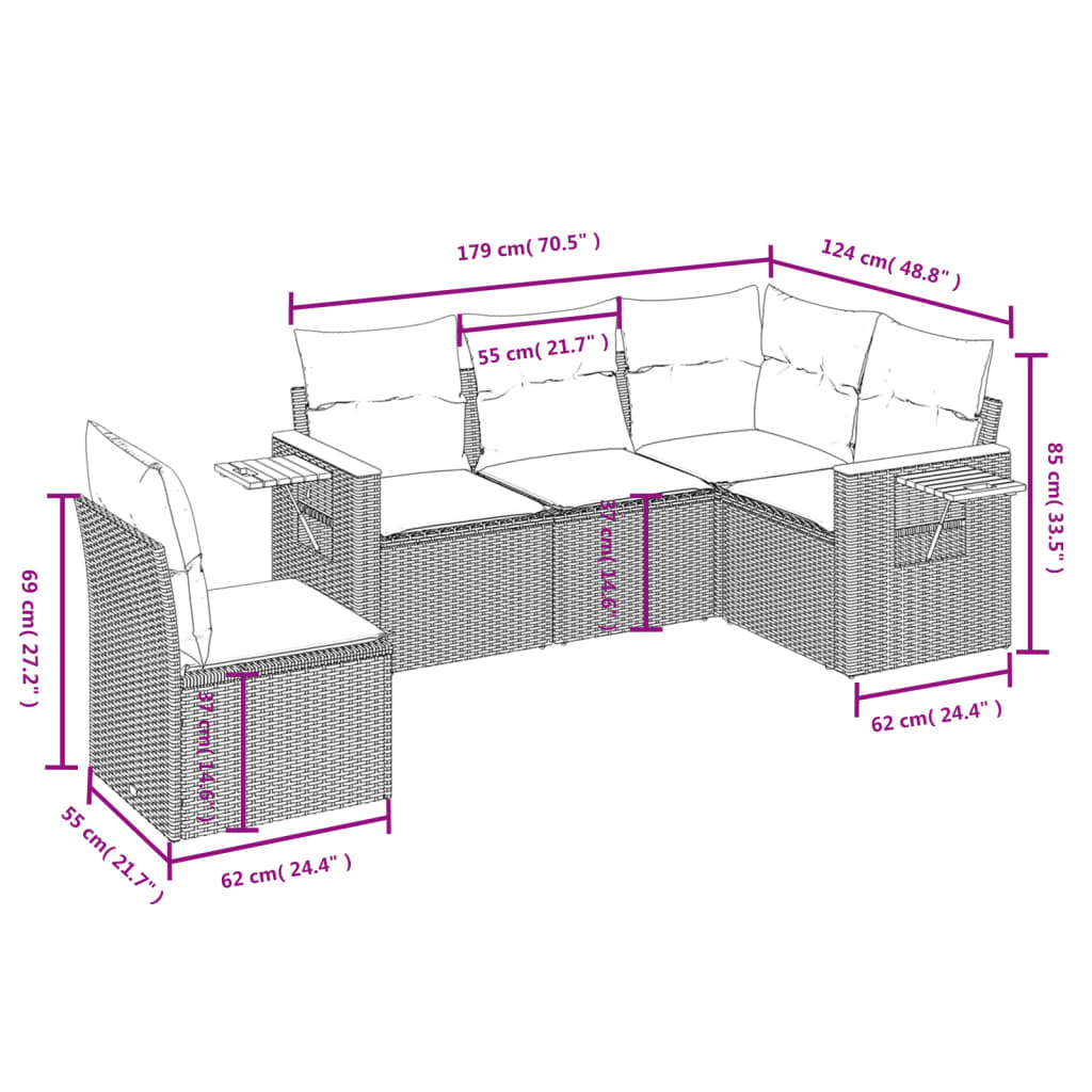 sofasæt til haven 5 dele med hynder polyrattan sort