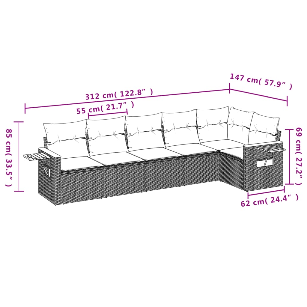 sofasæt til haven 6 dele med hynder polyrattan sort