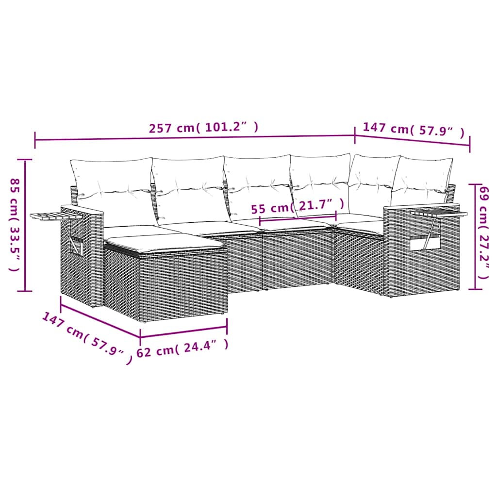 sofaesæt til haven 6 dele med hynder polyrattan grå