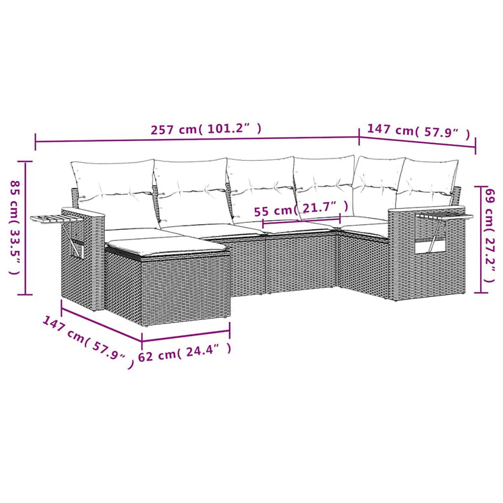 sofaesæt til haven 6 dele med hynder polyrattan grå