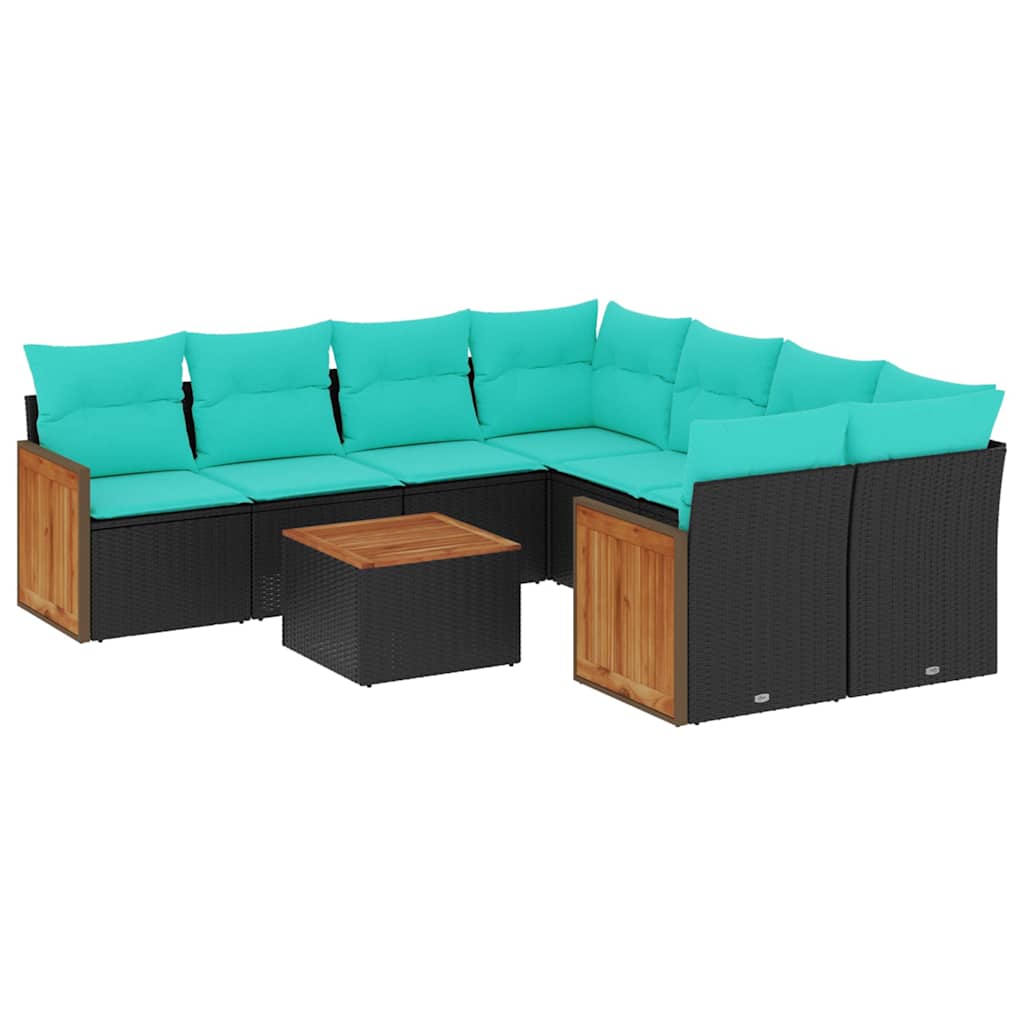 havesofasæt med 9 dele og hynder sort polyrattan